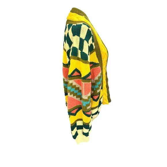 Vintage Handknit Chunky Knit Like Coogi Cardigan Sweater L Cotton Multicolor - Picture 3 of 9